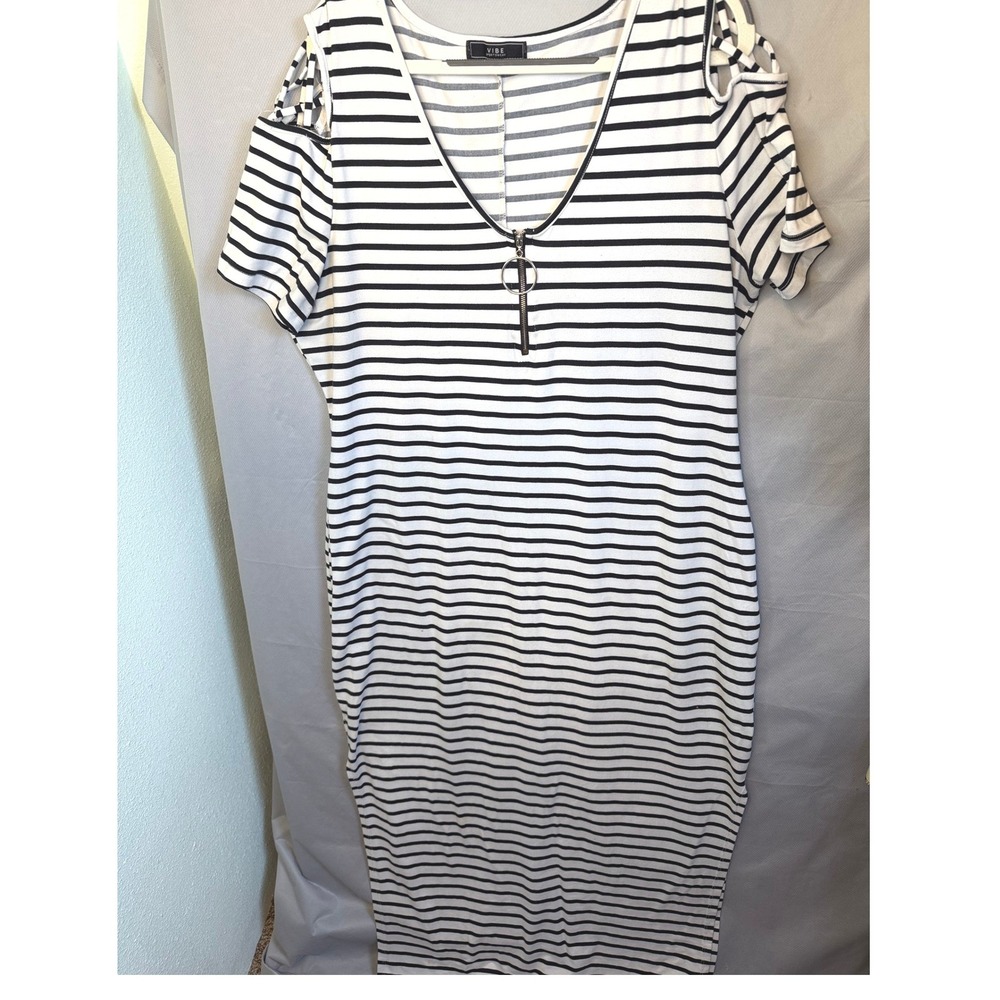 Vibe Sportswear Womens 2X Striped Cold Shoulder Maxi Dress Zipper V-Neck Black